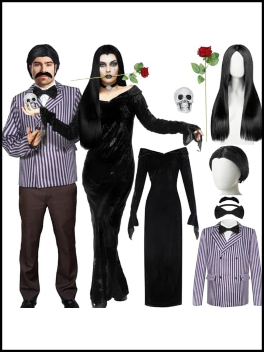 Gothic Couples Halloween Costume Set Maxi Dress Suit Wig Cosplay